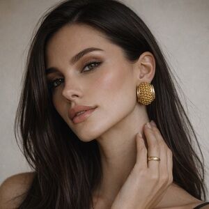 Vintage Gold Tone Dome Clip-On Earrings Textured Granulated Statement